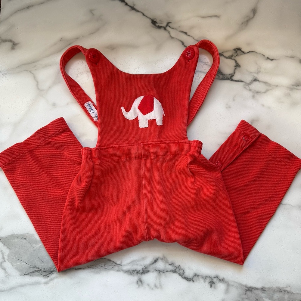 Vintage Carter’s Baby Overalls 26–28 lbs Red Corduroy Elephant Appliqué 70s/80s